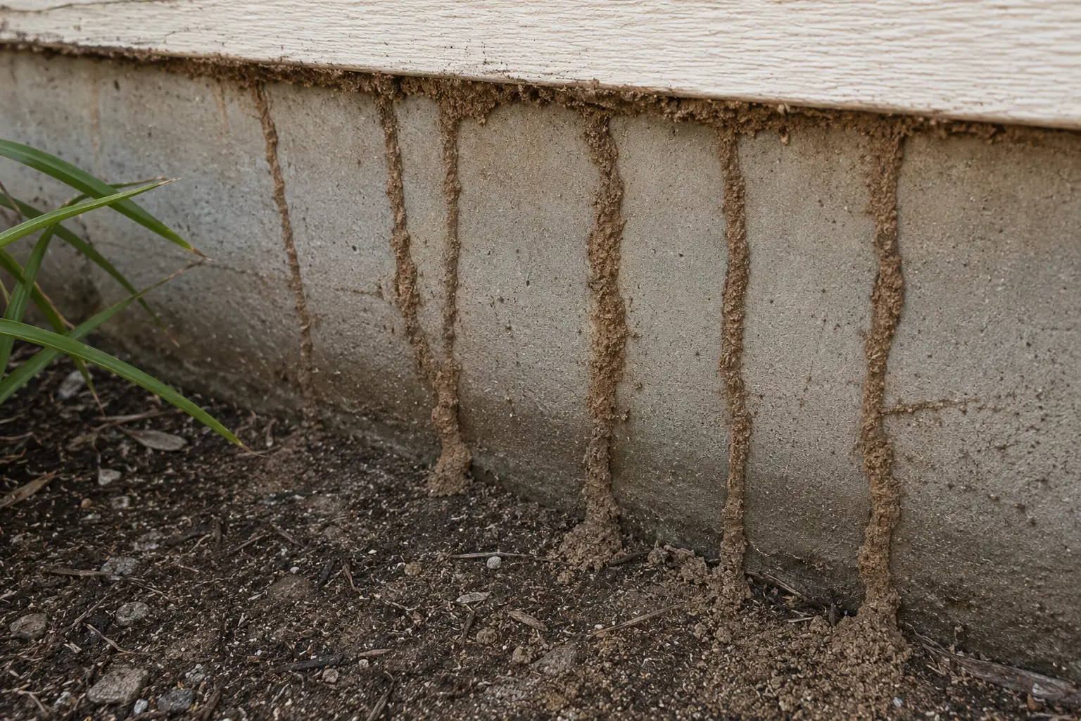 Mud tubes built by subterranean termites running up a concrete foundation wall