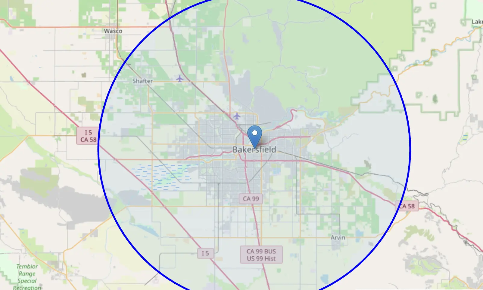 Map of the Bakersfield area with a blue circle marking the service radius, covering Oildale, Shafter, Arvin, Lamont, and more