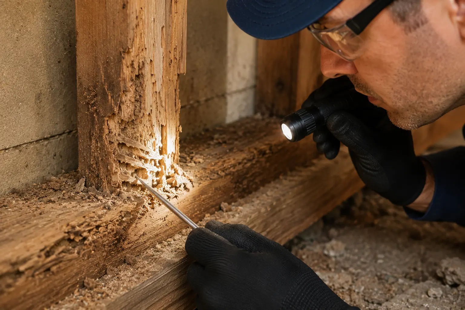 An inspector probing damaged wood trim to check how deep the decay runs